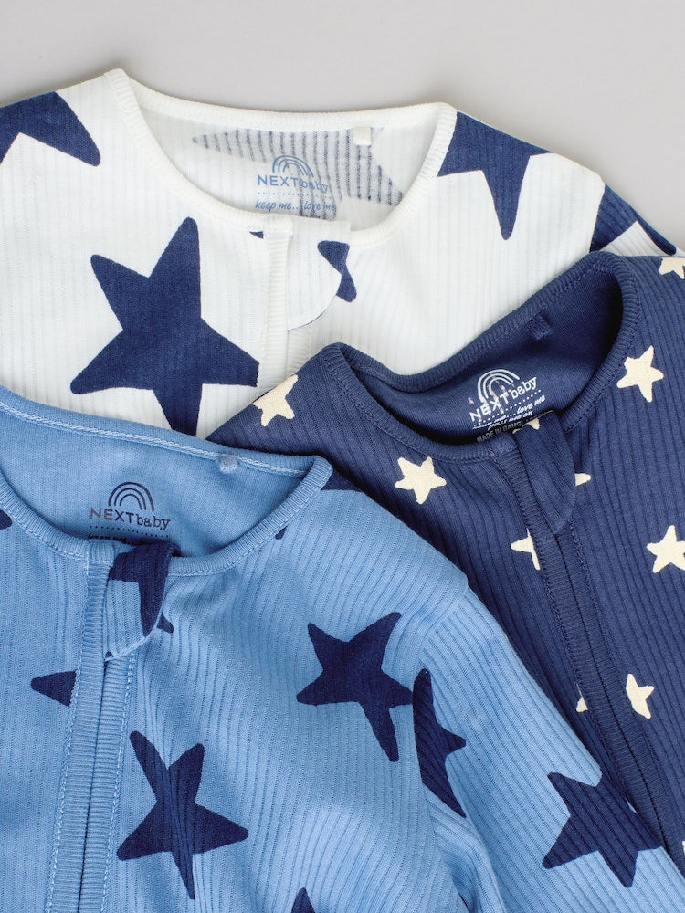 Navy Star Two Way Zip Baby Sleepsuits 3 Pack (0-2yrs)