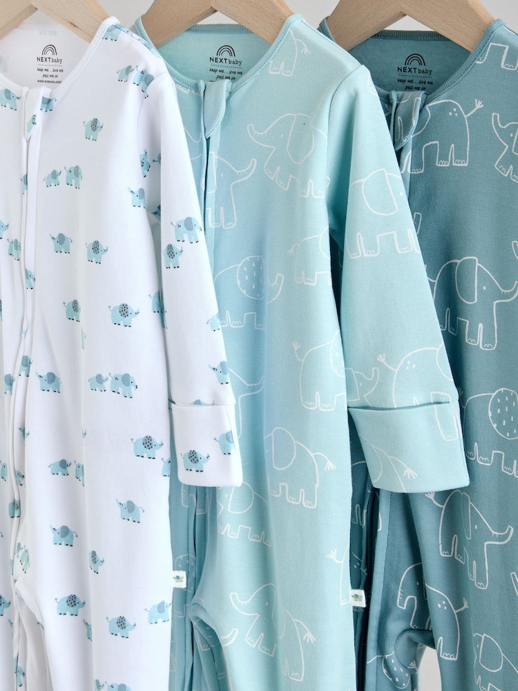 Blue Baby Linear Elephant Sleepsuits 3 Pack (0-2yrs)