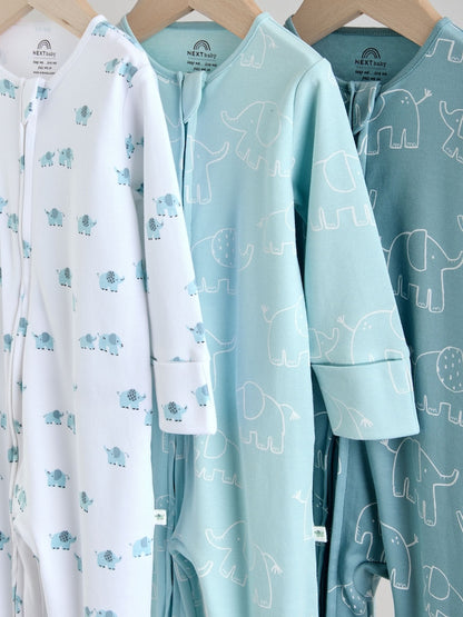 Blue Baby Linear Elephant Sleepsuits 3 Pack (0-2yrs)