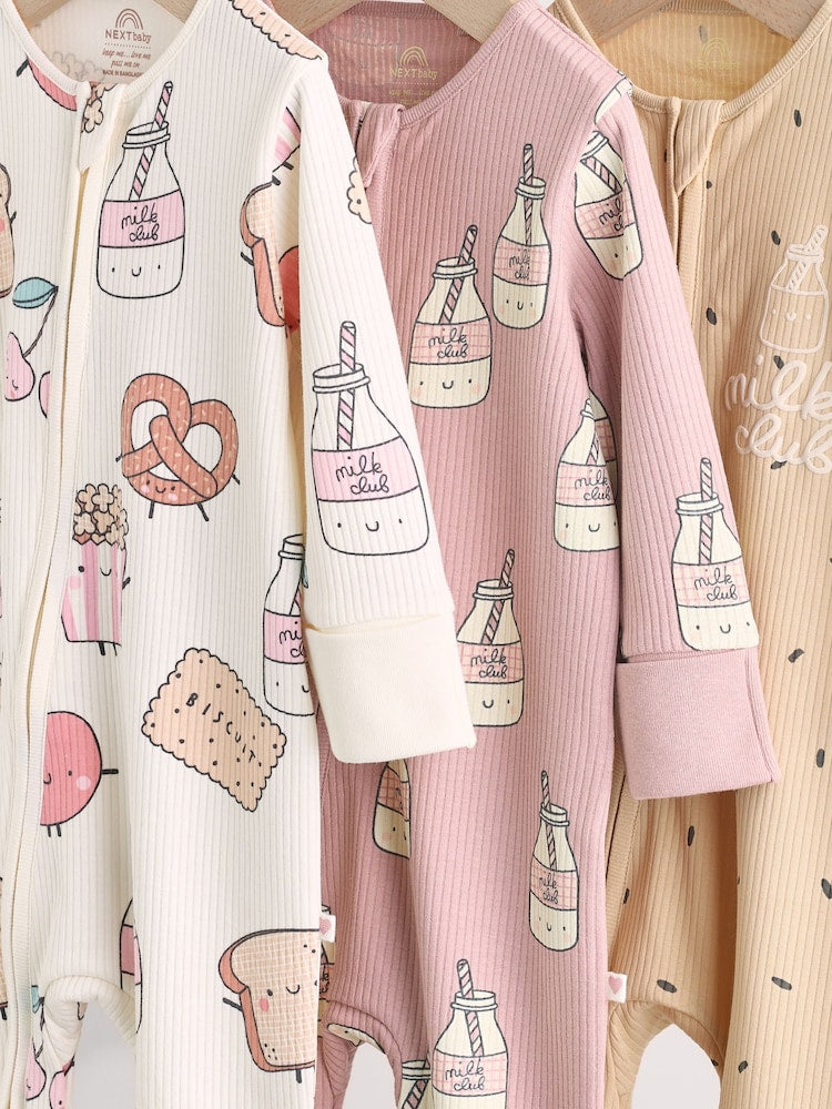 Multi Food Character Two Way Zip Baby Sleepsuits 3 Pack