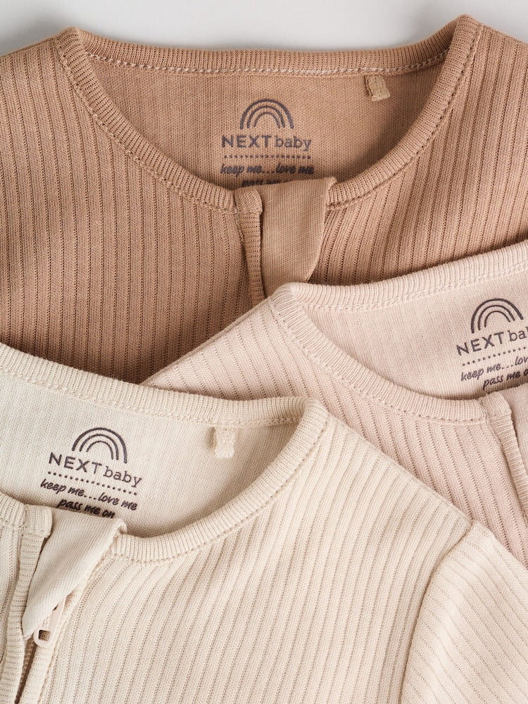 Beige Baby Two Way Zip Sleepsuits 3 Pack (0-2yrs)