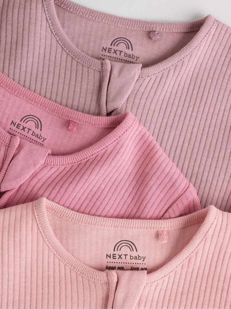 Pink 3 Pack Two Way Zip Baby Sleepsuits (0-2yrs)