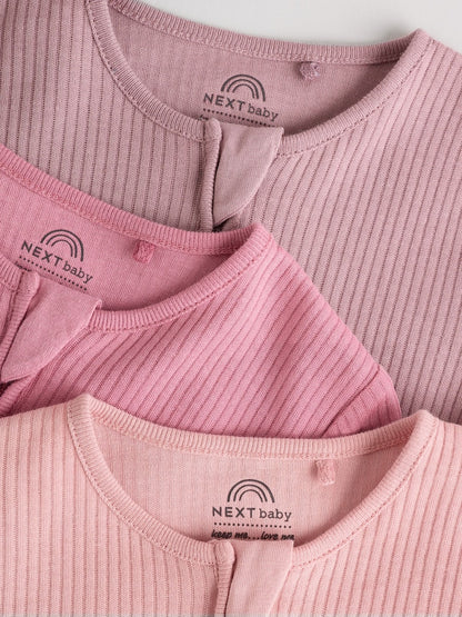 Pink 3 Pack Two Way Zip Baby Sleepsuits (0-2yrs)