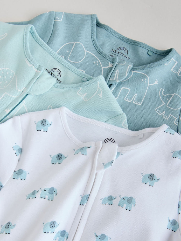 Blue Baby Linear Elephant Sleepsuits 3 Pack (0-2yrs)