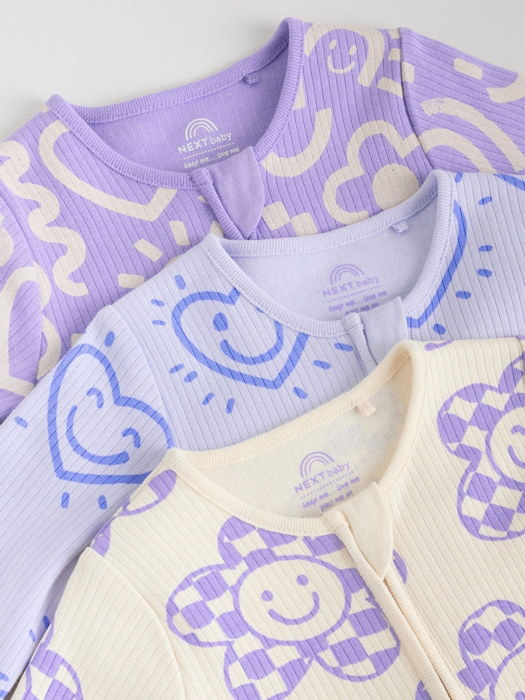 Lilac Purple 3 Pack Two Way Zip Baby Sleepsuits (0mths-3yrs)