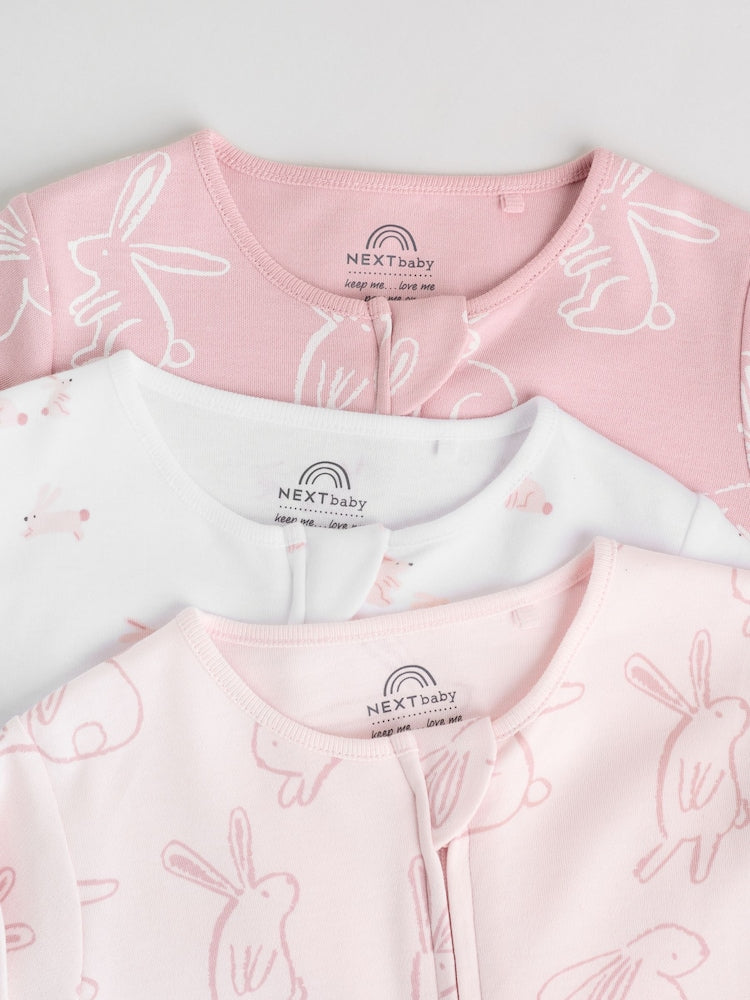 Pink Bunny Two Way Zip Baby Sleepsuits 3 Pack (0mths-2yrs)