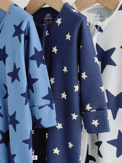 Navy Star Two Way Zip Baby Sleepsuits 3 Pack (0-2yrs)
