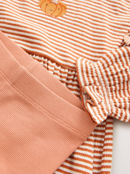 Orange Pumpkin Long Sleeve Dress and Leggings Set (3mths-