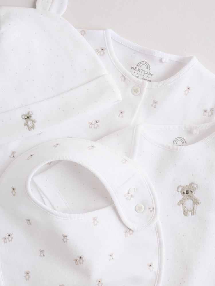 White Baby Sleepsuit, Bodysuit, Beanie and Bib Set 4 Piece (0-9mths)