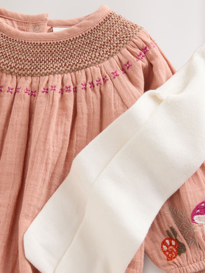 Tan Brown Embroidered Baby Bloomer Rompers Set 2 Piece with Tights (0mths-3yrs)