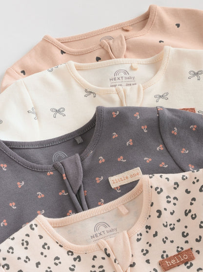 Monochrome Leopard And Cherry Print Two Way Zip Baby Sleepsuits 4 Pack (0mths-3yrs)