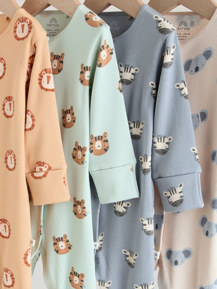 Multi Safari Animal Baby Sleepsuits 4 Pack (0mths-3yrs)