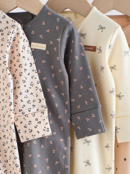 Monochrome Leopard And Cherry Print Two Way Zip Baby Sleepsuits 4 Pack (0mths-3yrs)