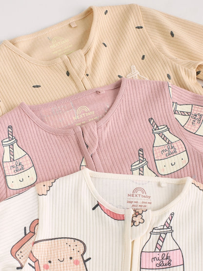 Multi Food Character Two Way Zip Baby Sleepsuits 3 Pack