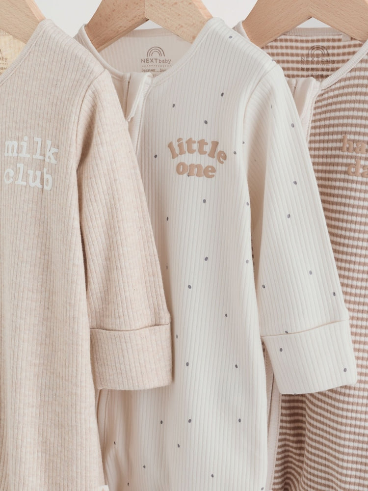 Neutral Milkclub Two Way Zip Baby Sleepsuits 3 Pack (0-2yrs)