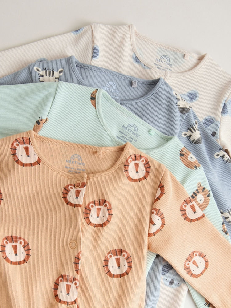 Multi Safari Animal Baby Sleepsuits 4 Pack (0mths-3yrs)