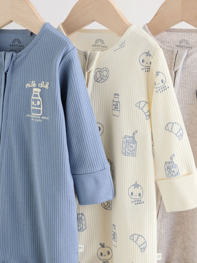 Blue Milk Club Two Way Zip Baby Sleepsuits 3 Pack (0mths-3yrs)