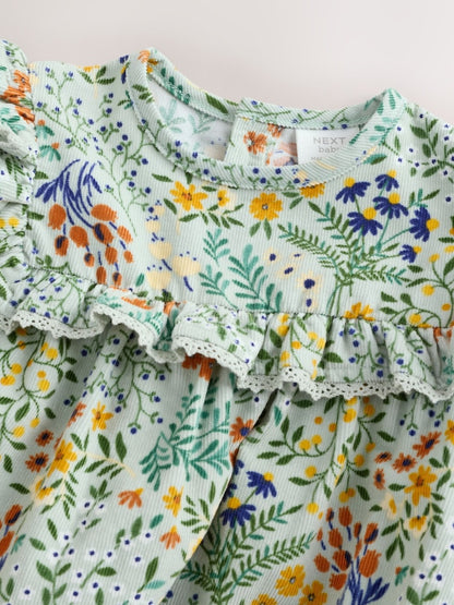 Green Floral Baby Bloomer Rompers Set 2 Piece with Tights