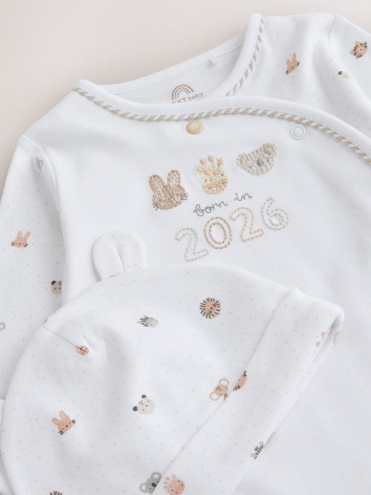 White Born in 2026 Baby Sleepsuit & Hat Set (0-9mths)