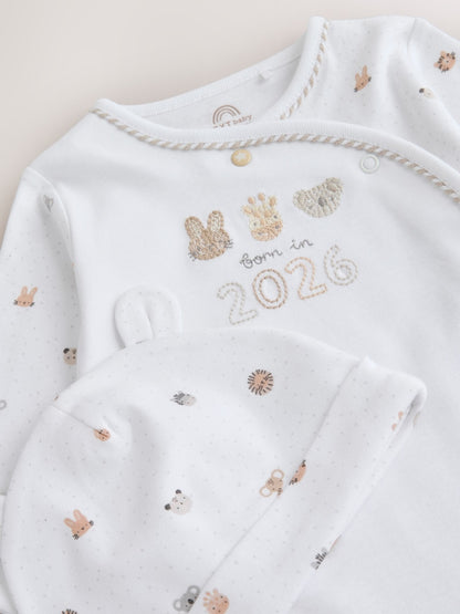 White Born in 2026 Baby Sleepsuit & Hat Set (0-9mths)